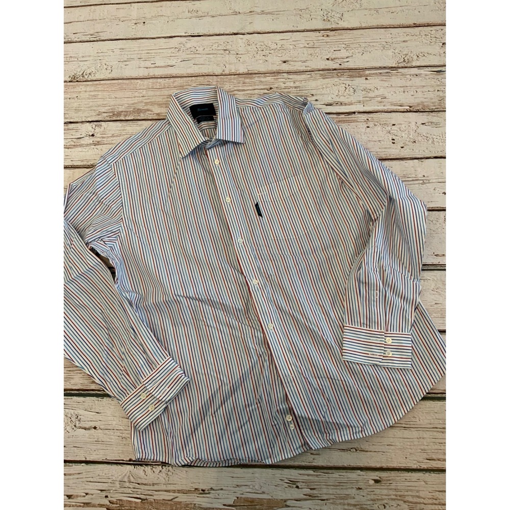Faconnable Trend Mens XL Button Down Shirt Striped Red Blue White Long Sleeve